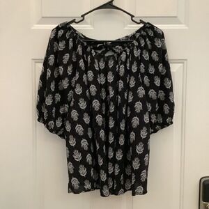 Old Navy Black Floral Leaf Open Tie Back Puff Sleeve Top 3X